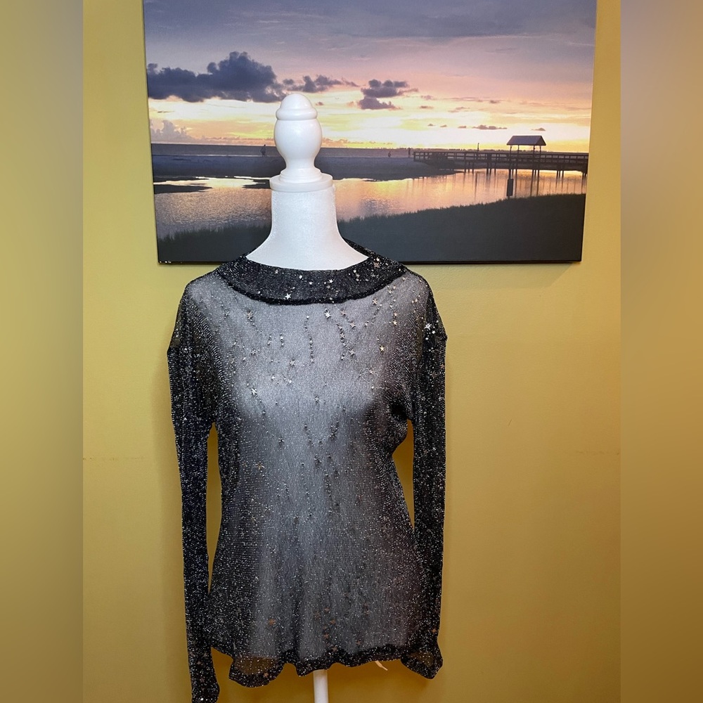MANGOPOP Long Sleeve Glitter Sheer Mesh Top - S